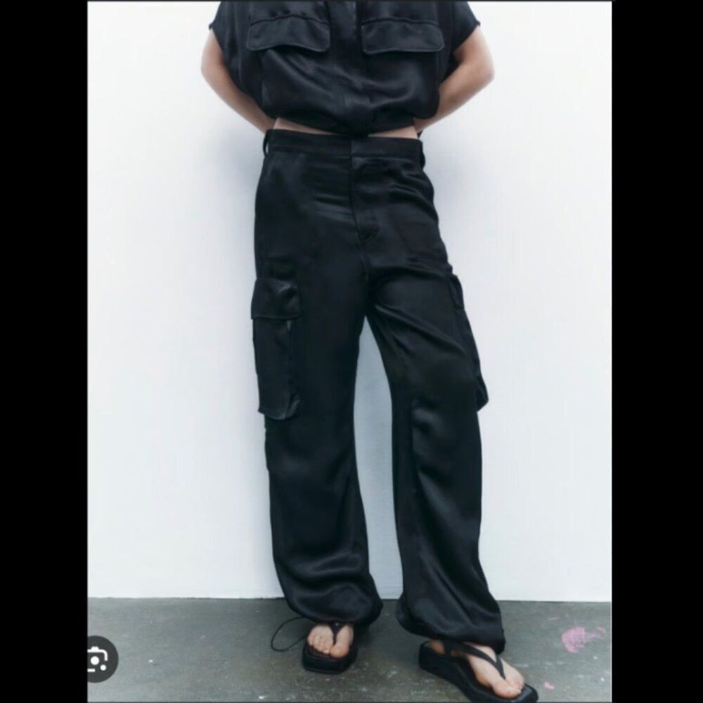 ZARA NWOT Flowy Satin Cargo Pants - Size Small